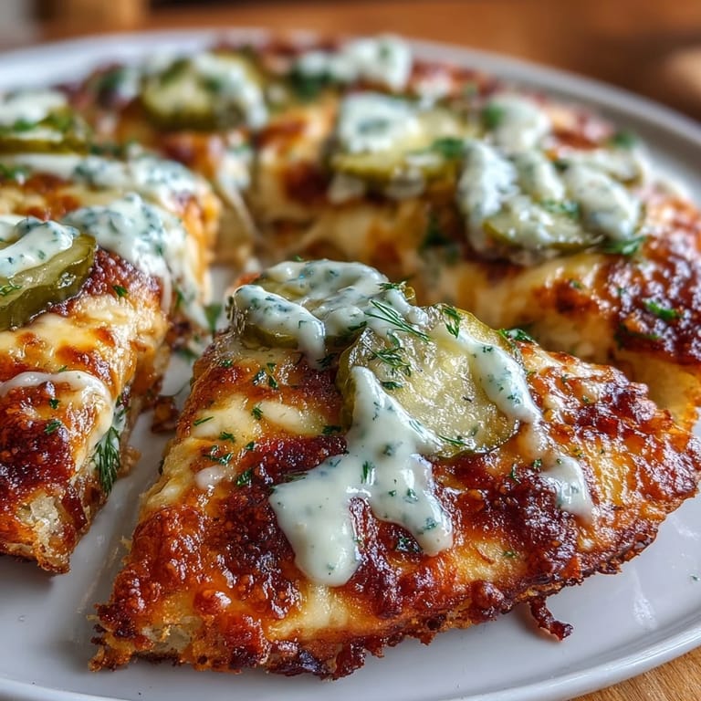 Pizza topped with dill pickles and rich ranch drizzle, baked to perfection.
