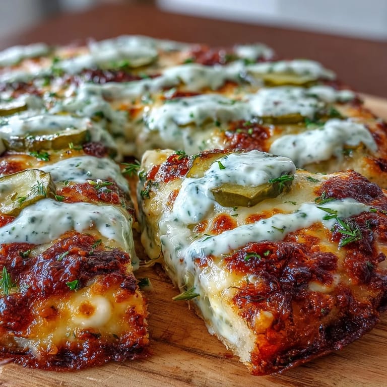 Craveable Pickle Pizza: crispy crust, melty cheese, and zesty ranch sauce.