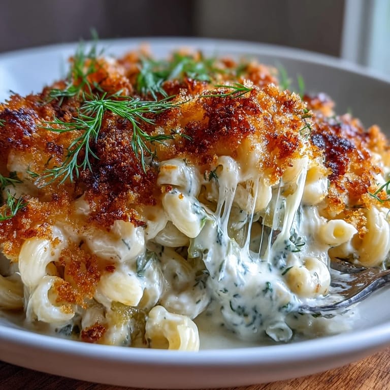 Golden baked dill pickle mac and cheese, ready to serve with a panko topping.