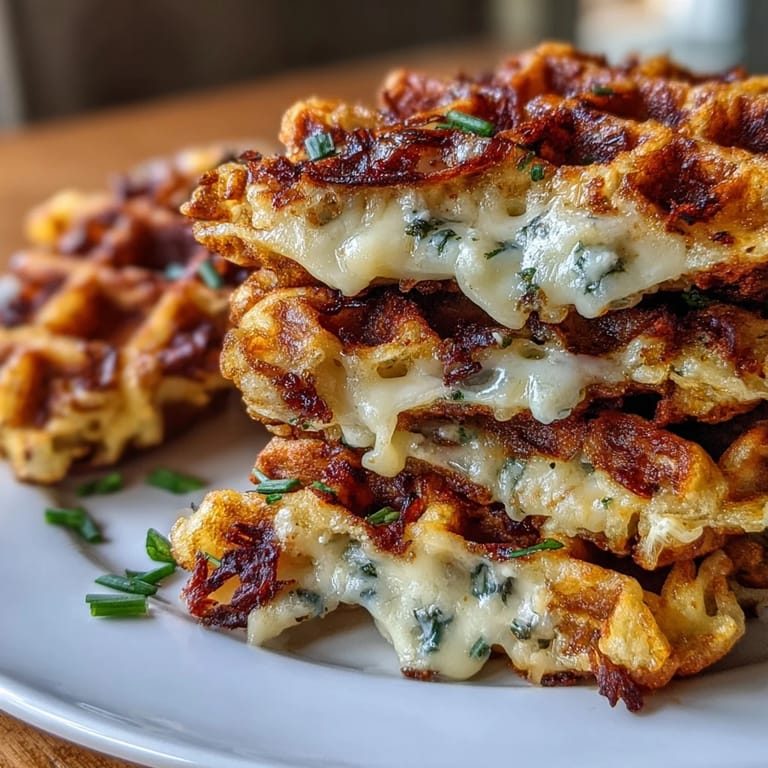 Golden brown mashed potato waffle melts filled with savory cheese and served decadently.