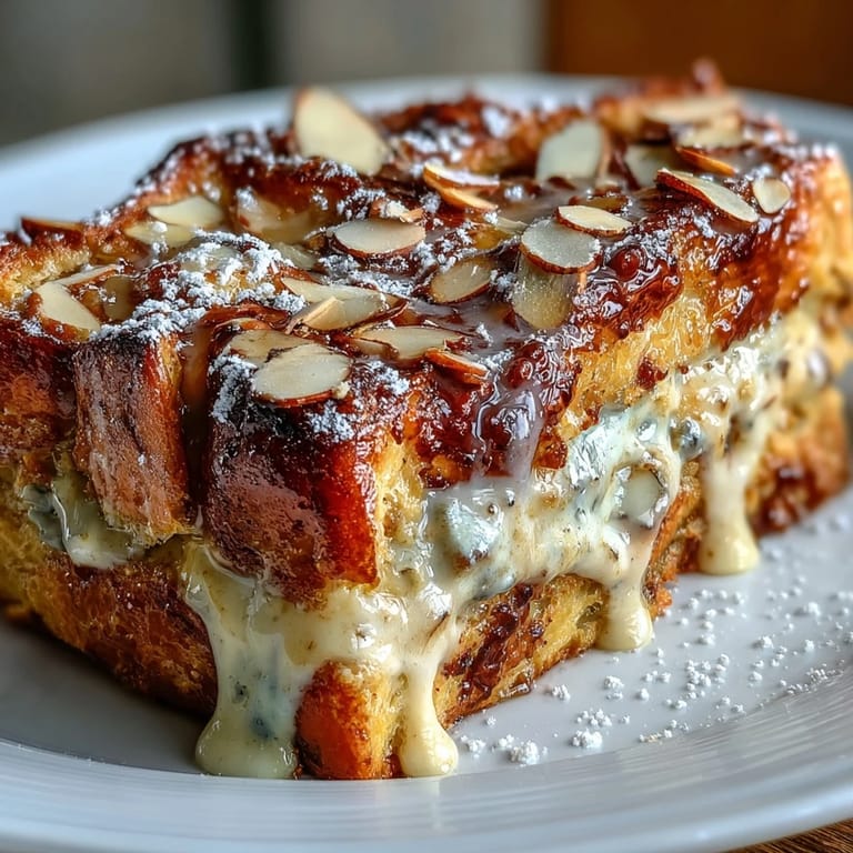 Delicious Stale Croissant French Toast Casserole, golden brown and dusted with powdered sugar.