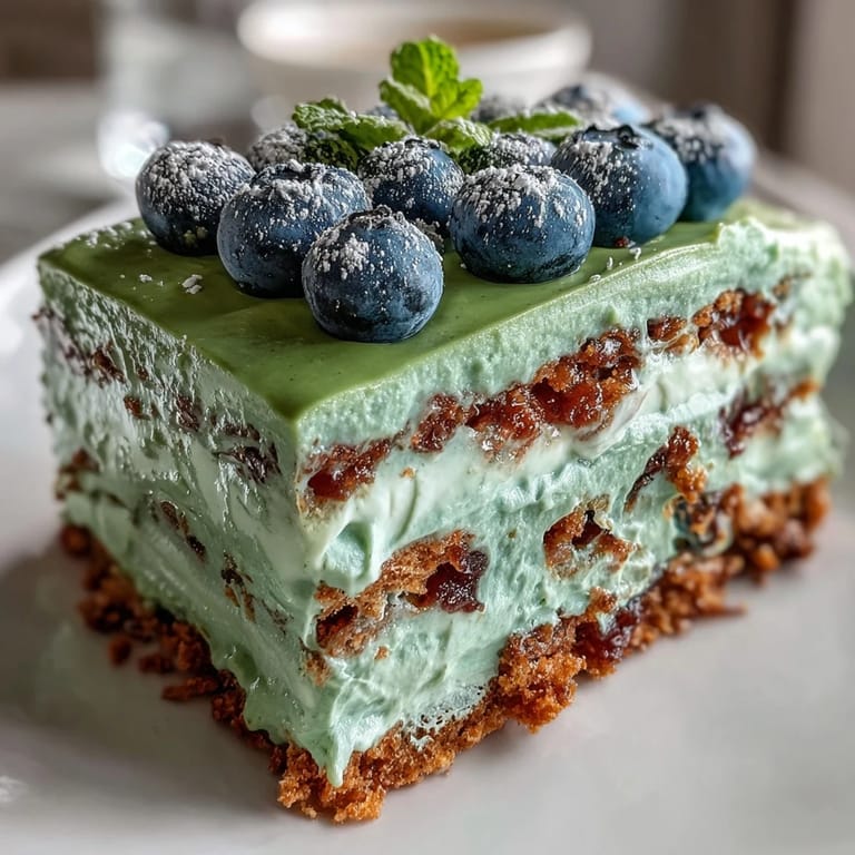 Refreshing no-bake Blueberry Matcha Icebox Cake, perfect chilled dessert slice.