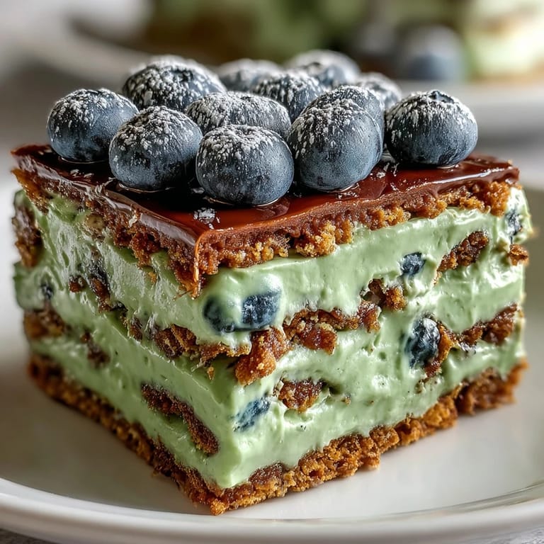 Elegant Blueberry Matcha Icebox Cake, a vibrant green tea layered treat.