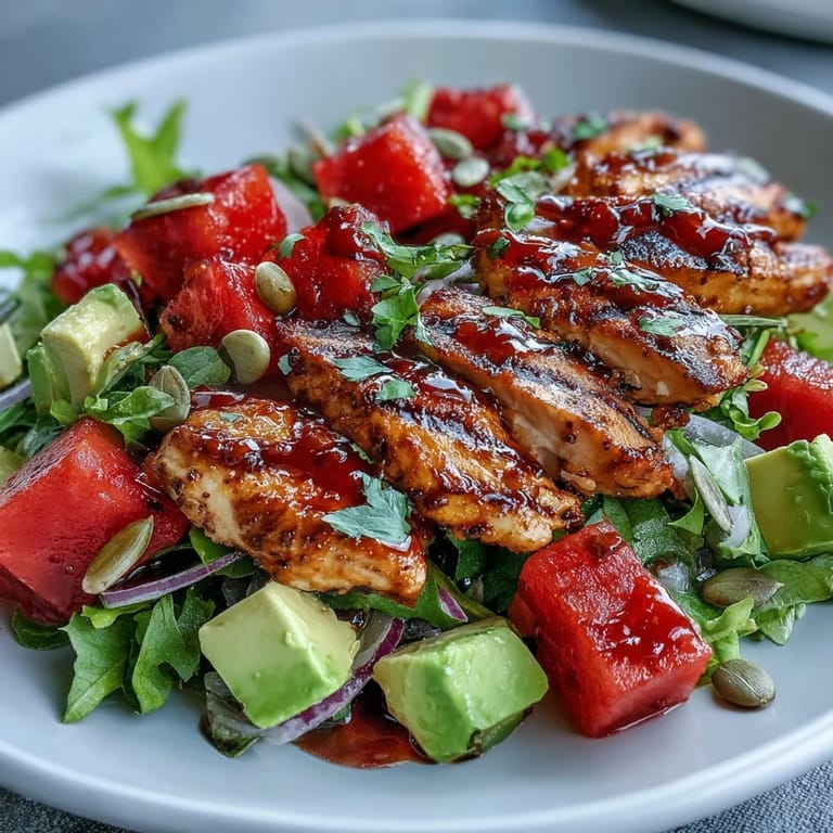 Refreshing Chili Lime Watermelon Chicken Salad, perfectly grilled chicken with crisp fruit.