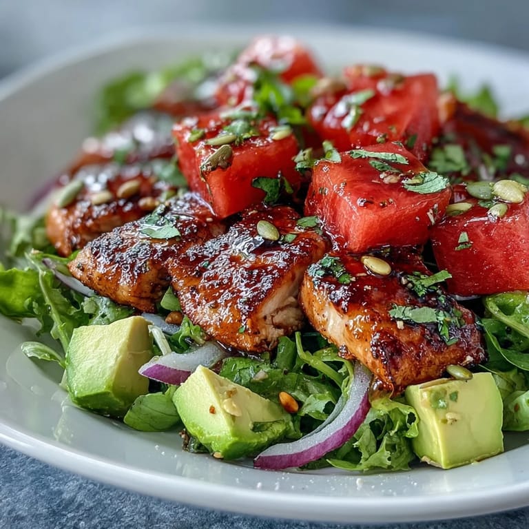 Colorful Chili Lime Watermelon Chicken Salad, zesty dressing atop fresh ingredients.