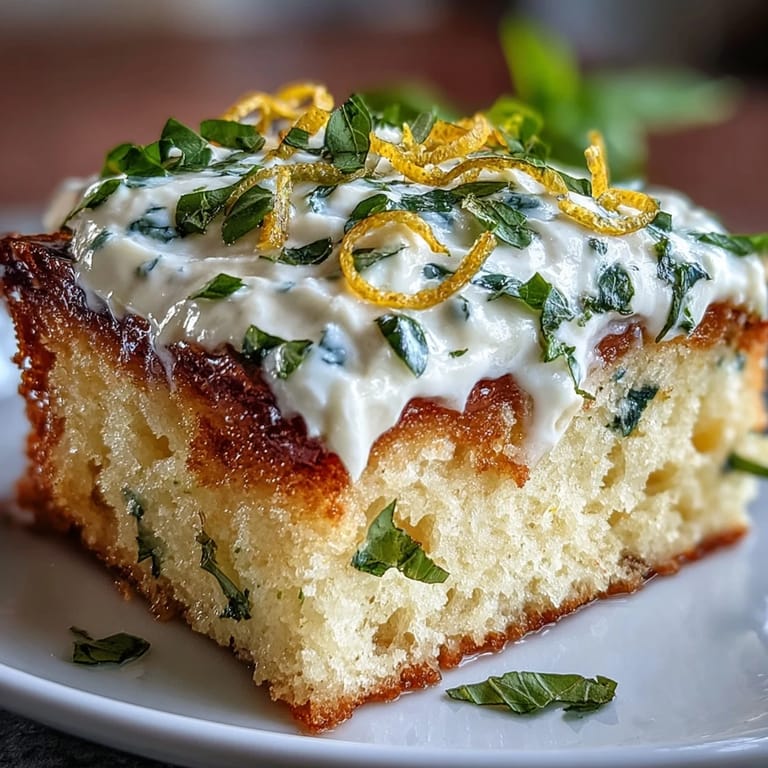 A refreshing lemon basil poke cake, bursting with bright citrus and herbal notes.