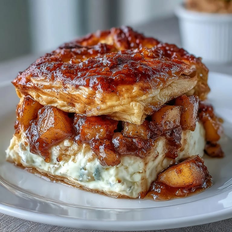 Flaky pastry encases this Peach Cobbler Brie, a delightful sweet and savory bite.