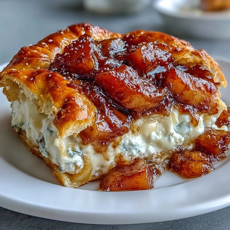Juicy spiced peaches top baked Brie inside flaky pastry, perfect appetizer.