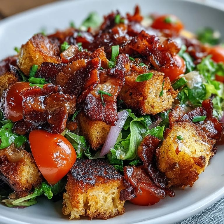 Hearty Cornbread BLT Panzanella tossed with fresh greens and tangy dressing.