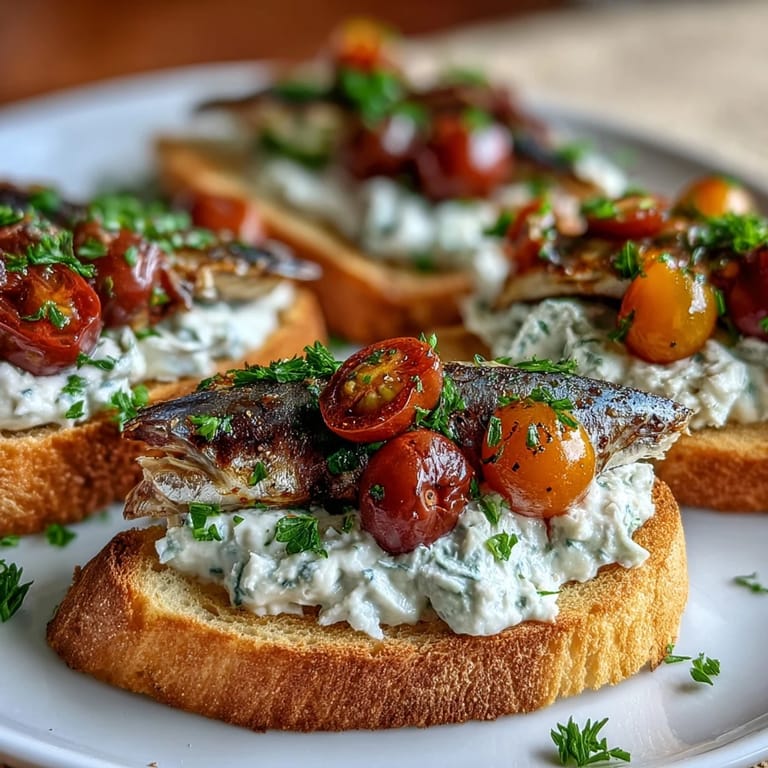 Savory creamy tomato sardine toasts garnished with fresh parsley and cracked pepper.
