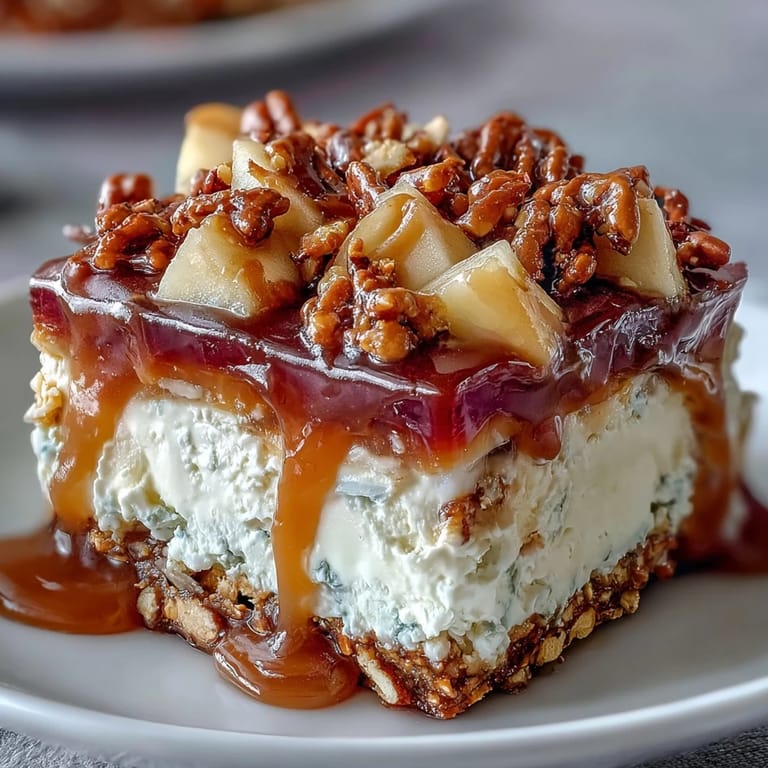 Creamy Caramel Apple Pretzel Jello Salad drizzled generously with rich caramel sauce.