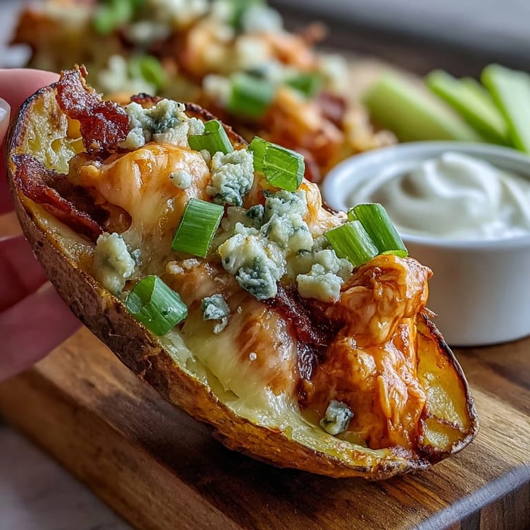Vibrant Buffalo Chicken Potato Skins Board, brimming with melty cheese and fresh herbs.