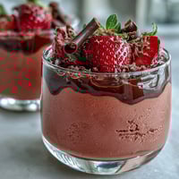 Silky chocolate ganache and airy strawberry mousse layered elegantly in a glass, topped with fresh berries.