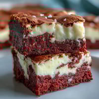 Freshly baked Red Velvet Cheesecake Brownies with vibrant red swirls and creamy, crackled cheesecake topping on a cooling rack.
