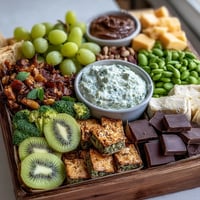 Festive green snack board with fresh fruits, veggies, cheeses, and treats for St. Patrick's Day celebrations.