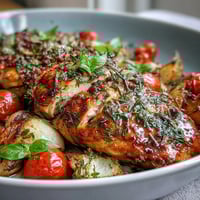 Juicy chicken breasts with roasted zucchini and cherry tomatoes on a sheet pan for an easy spring dinner.