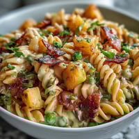 Vibrant Hawaiian pasta salad with ham, pineapple, and ranch dressing in a colorful bowl, perfect for summer gatherings.  