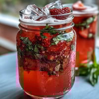 A vibrant pitcher of strawberry basil lemonade mocktail with fresh strawberries and basil leaves floating in ice-cold lemonade.