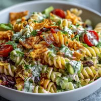 Vibrant taco pasta salad with rotini, black beans, corn, and avocado, tossed in creamy lime taco dressing for summer potlucks.  