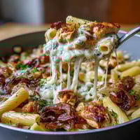 Savory one-pot French Onion Chicken Pasta with caramelized onions and melty Gruyère cheese.