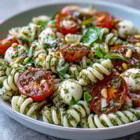 Fresh summer pasta salad with pesto, cherry tomatoes, and mozzarella, tossed with arugula and pine nuts for a vibrant, light dish.