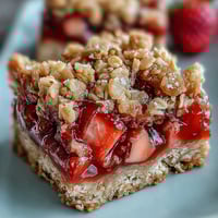 Strawberry Rhubarb Crumble Bars with golden oat topping and vibrant red fruit filling, perfect for spring gatherings.