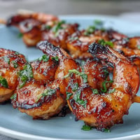Tender grilled honey garlic shrimp skewers with a shimmering glaze, perfect for summer.