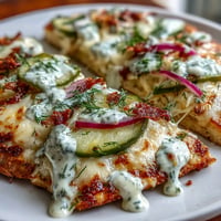 Pickle Pizza Flatbread with garlic ranch looking golden brown and inviting.