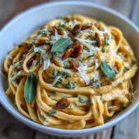 Creamy Pumpkin Sage Pasta coated in smooth orange sauce with fresh sage.