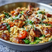 A delicious Spicy Sausage Orzo Skillet with wilted spinach and cherry tomatoes.