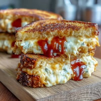 Golden brown Honey Sriracha Grilled Cheese oozing with melted cheddar and mozzarella perfection.
