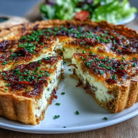 Golden Light Lorraine Quiche with a flaky crust, ready for brunch.
