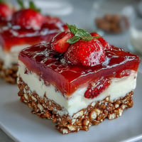 Sweet and salty strawberry pretzel jello salad with vibrant berry topping.