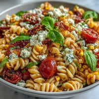 Bright summer corn and tomato pasta salad with zesty vinaigrette, perfect for picnics.