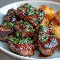 Seared garlic butter steak bites with crispy roasted potatoes, ready for serving.