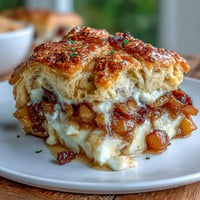 Golden baked Peach Cobbler Brie oozing warm, sweet fruit over creamy cheese.