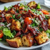 Cornbread BLT Panzanella salad overflowing with crispy bacon and juicy tomatoes.