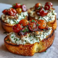Golden-toasted rustic bread topped with creamy tomato sardine mixture with blistered tomatoes.
