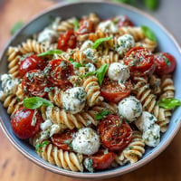 Vibrant Tomato Mozzarella Pesto Lunchbox Pasta with fresh basil and creamy cheese.