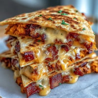 Golden brown sweet potato quesadilla triangles with melted cheese, ready to dip.